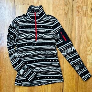Icebreaker Black & White Geometric Merino Half-Zip with Red Trim